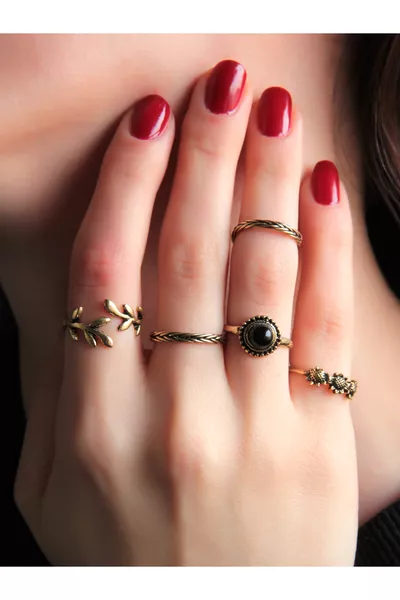 Set of 5 Adjustable Joint Rings with Onyx Natural Stone