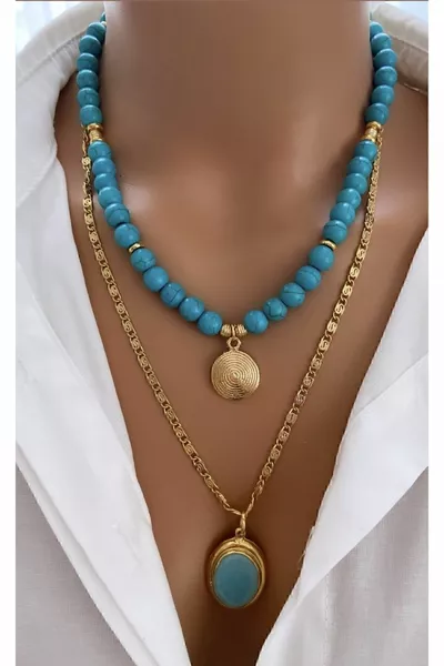 (DUBBEL) Natuurlijke Steen Blauwe Turkoois Firuze Steen Goud Vergulde Ketting Goud Verguld Lijst Damesketting