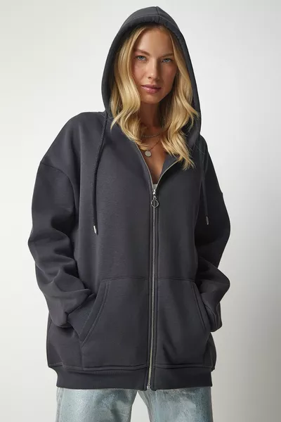 Antraciet oversized sweatshirt met capuchon en ritssluiting voor dames 