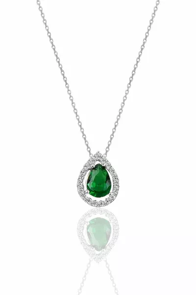 Silver Rhodium Root Emerald Stone Drop Pendant Necklace green