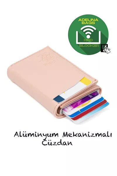 Adelina Pudra Pembe Nova Deri Mekanizmalı Otomatik Kızaklı Kartlık Cüzdan