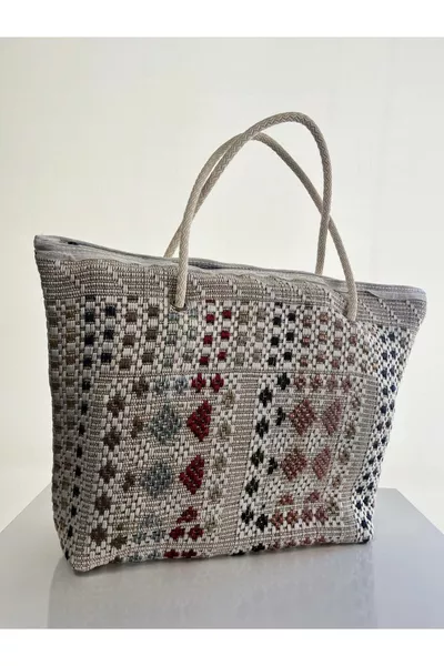 Desenli Kilim Seyahat Çantası Fermuarlı Plaj Çantası Otantik Piknik Çantası