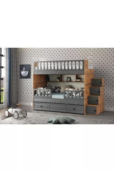 Шкаф-кровать с жалюзи / Сосна-антрацит / Бесплатная установка / 3 спальные места и лестница с шкафом / 100% МДФ