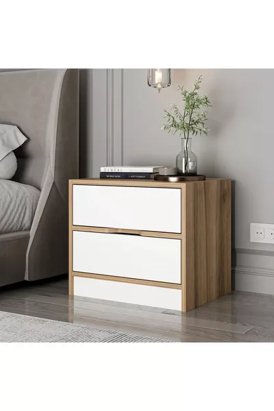 Kulpsuz Çift Çekmeceli Komodin - Dore Ceviz/Beyaz Renk