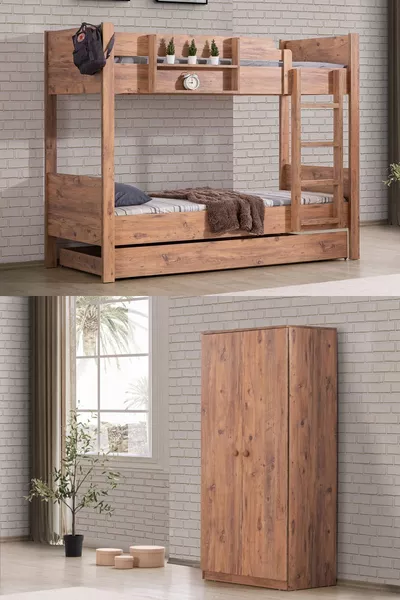 Stapelbed, Modulaire Stapelbed Met Twee Deurs Kast, Notelaar