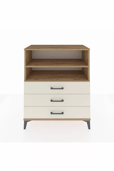 خزانة هايبرينون مع رفين وثلاثة أدراج، خشب الصنوبر-مرمر