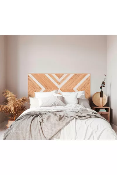 Geometrisches Holz Doppelbett/Kopfteil mit Bettkasten