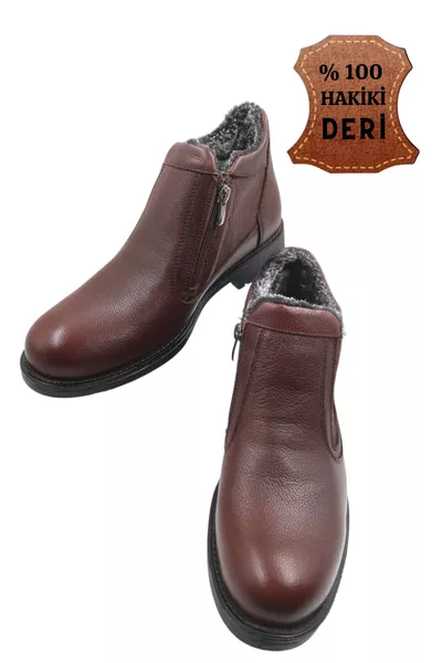 حذاء رجالي يومي بني بسحّاب، مصنوع من الجلد الطبيعي، مبطن بالفرو، مقاوم للانزلاق ومقاوم للبرد