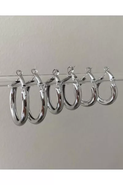 Silver Steel 3-Layer Double 6-Piece Hoop Earring Set
