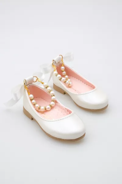 Блестящие жемчужные детские балетки с бантом и жемчужными деталями