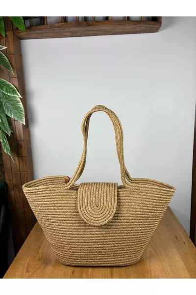 حقيبة شاطئ طبيعية من القش والجوت بمغناطيس توت، حقيبة موسمية - صيحة الصيف!