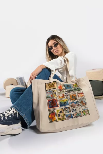 "Postcard" Canvas Tote Schouder- en Strandtas