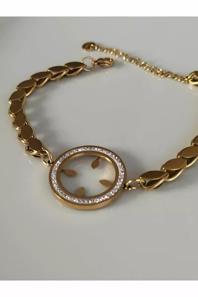 Women's Gold Barley Quarter Bracelet with L Steel and Zircon Stones