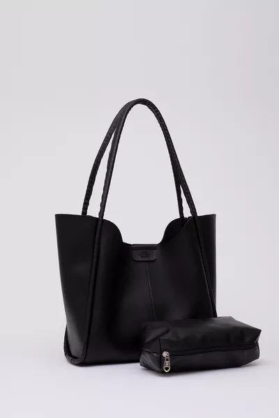 حقيبة نسائية كبيرة الحجم سوداء  بفتحات كبس مع حمالة من الجلد الصناعي لحمل مستحضرات التجميل، للاستخدام كحقيبة يد أو كتف