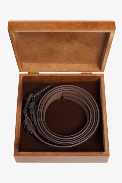 Men's Black-Brown Special Wooden Gift Box 2-Piece Casual Belt Set Groom's Gift Set