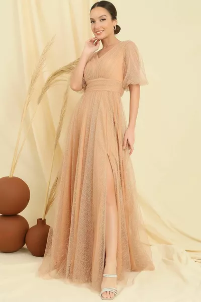 Voorkant Rug V-hals Korte ballonmouwen Gevoerd Spider Print Glitter Dahlia Stof Lange Jurk