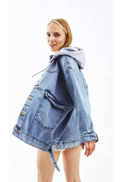 Women's Denim Jacket Washington Patterned Hooded Jean Light Blue