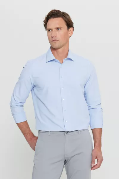 Men's Light Blue Easy-Iron Non-Iron Slim Fit Tailored Classic Collar Cotton Shirt
