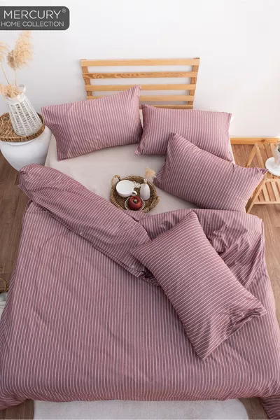 Line Double Burgundy Duvet Cover Set | Cotton with Fitted Sheet