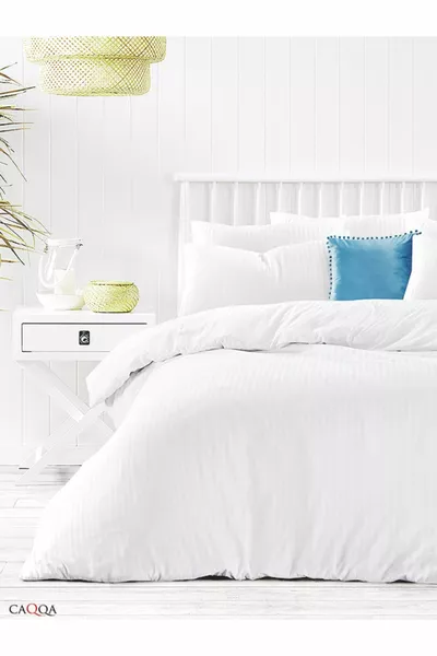 White Striped Satin Fitted Sheet Double Bed Premium Hotel Duvet Cover Set