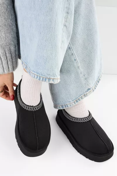 Kadın Uggps Siyah İçi Tüylü Kısa Süet Düz Terlik Siyah Tekstil