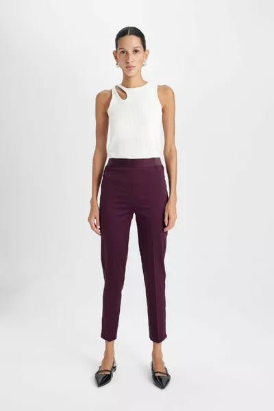 بنطال قماش ساتان سيجريت لون خمري خصر عادي أساسي بسيط خصر مطاطي أرجل مستقيمة wn