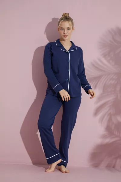 Ensemble de pyjama pour femme en coton indigo à manches longues avec boutons et liseré