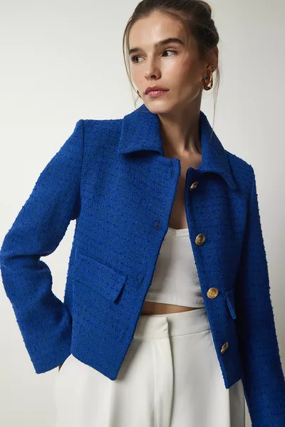 سترة قصيرة من التويد الأزرق للنساء 