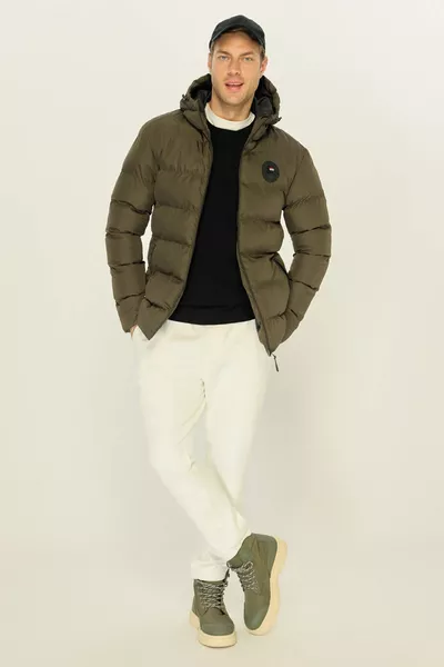 Heren kaki gevoerde water- en winddichte gewatteerde winterjas met capuchon