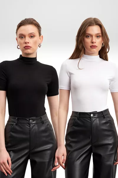 بلوزة قصيرة الأكمام نسائية، طقم مزدوج باللونين الأسود والأبيض