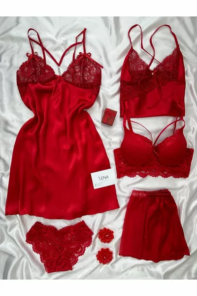 Kadın 5'li Saten Gecelik Sütyen Şort Gelin Çeyiz Seti