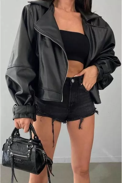 Faux Leather Wide Sleeve Bomber Jacket