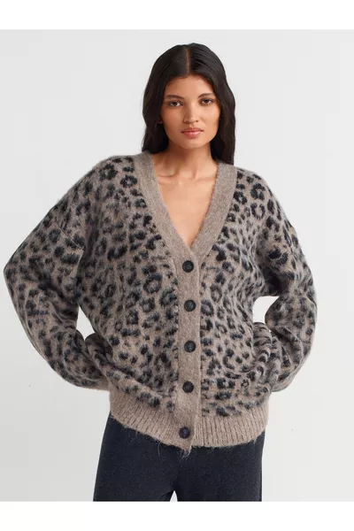  V-Hals Luipaard Geborstelde Knopen Trui Vest - Beige