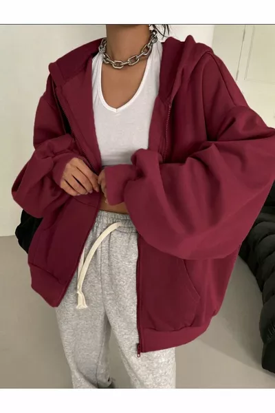 Burgundy Solid Zip-Up Hooded Unisex Cardigan