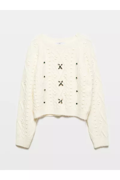  كنزة برقبة دائرية أمامية مزينة بالخرز - بلون عاجي