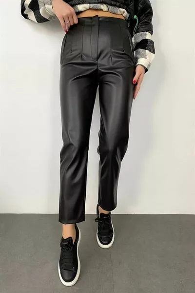 Black High-Waist Leather Pants with Cotton Lining