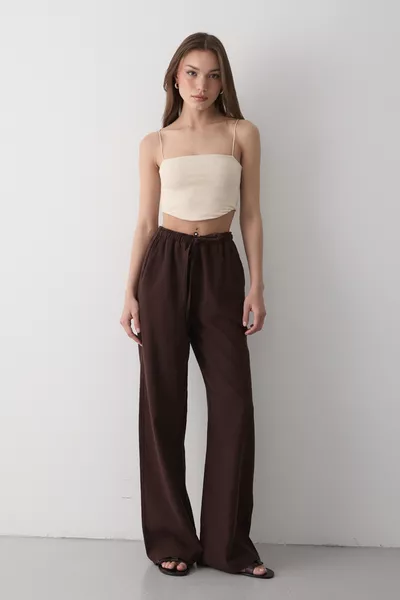 Kadın Kahverengibeli Lastikli Bol Paça Palazzo Keten Pantolon
