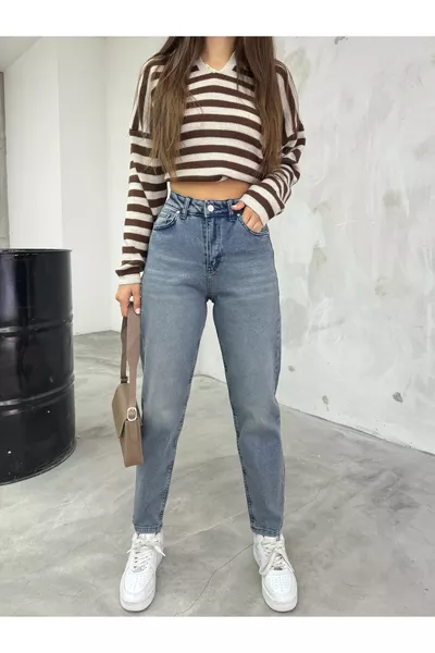 Jean Mom Taille Haute Femme Extensible/Élasthanne