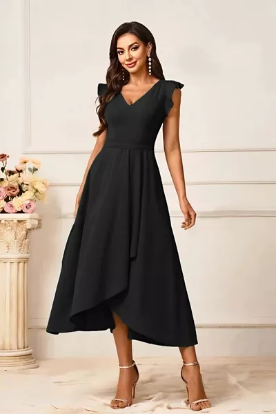 فستان كريب متوسط الطول بقصة V وياقة متدلية