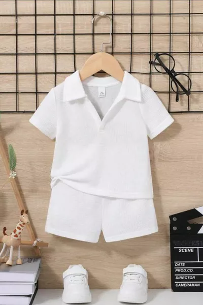 Waffel-Strick V-Ausschnitt Baumwoll Sommer Baby Kinder Shorts-Set - Weiß