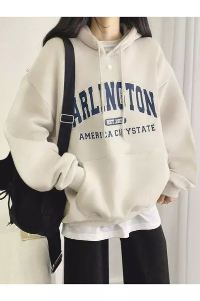 سويت شيرت بغطاء رأس من القطن مطبوع باسم ولاية مدينة أرلينغتون الأمريكية للنساء