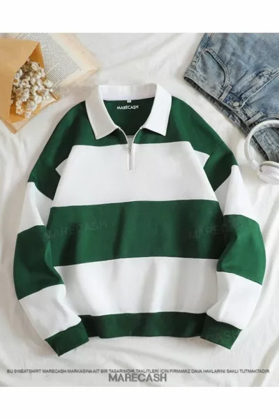 Green and White Block Color Half-Zip Polo Collar Sweatshirt, Fleece Lined, Unisex, Non-Shedding Fabric