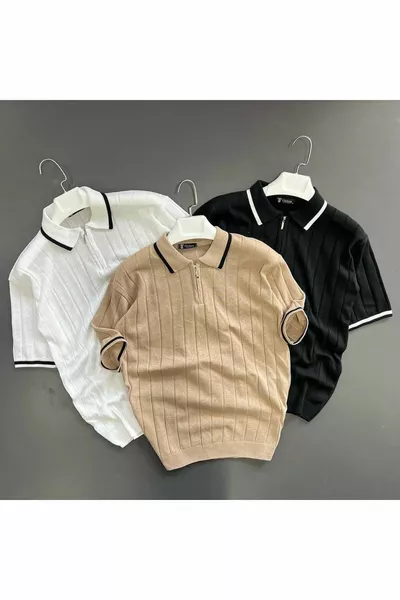 Black and white coffee 3-piece crew neck detailed knitted sweater T-shirt