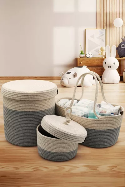 Голяма сива чанта за грижа за бебето от юта с кошница за майка и бебе, комплект органайзер за майка и бебе