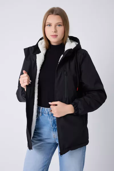 معطف شتوي نسائي أسود مبطن بالفراء مقاوم للماء والرياح بغطاء للرأس & جاكيت & باركا