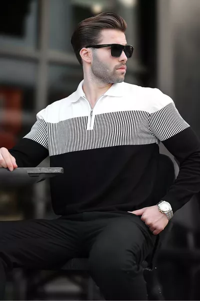 Черный свитер с длинными рукавами и контрастной цветной вставкой, с воротником на молнии 