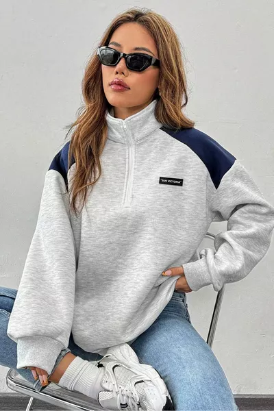 سويت شيرت فضفاض برقبة عالية للجنسين باللون الرمادي بثلاث خيوط مبطنة