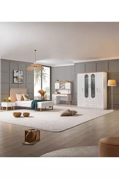 غرفة نوم فيتا بوهيم للشباب - خزانة بأربعة أبواب، سرير، منضدة جانبية، مكتب دراسة