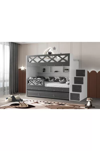 Mars Ranza / White-anthracite / 3 Bed Sections With Cabinet Ladder / 100% MDF