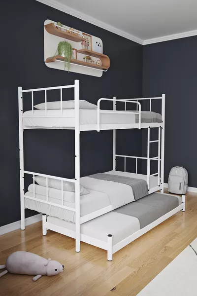 سرير بطابقين تقني للأطفال مع سرير قابل للاستخدام لثلاثة أشخاص، سرير معدني أبيض